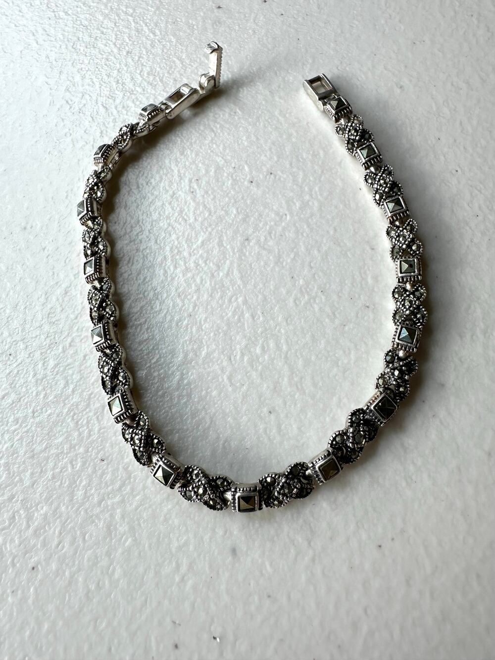 Vintage 925 Sterling Silver Marcasite Link Tennis Bracelet 7.5" Art Deco Style